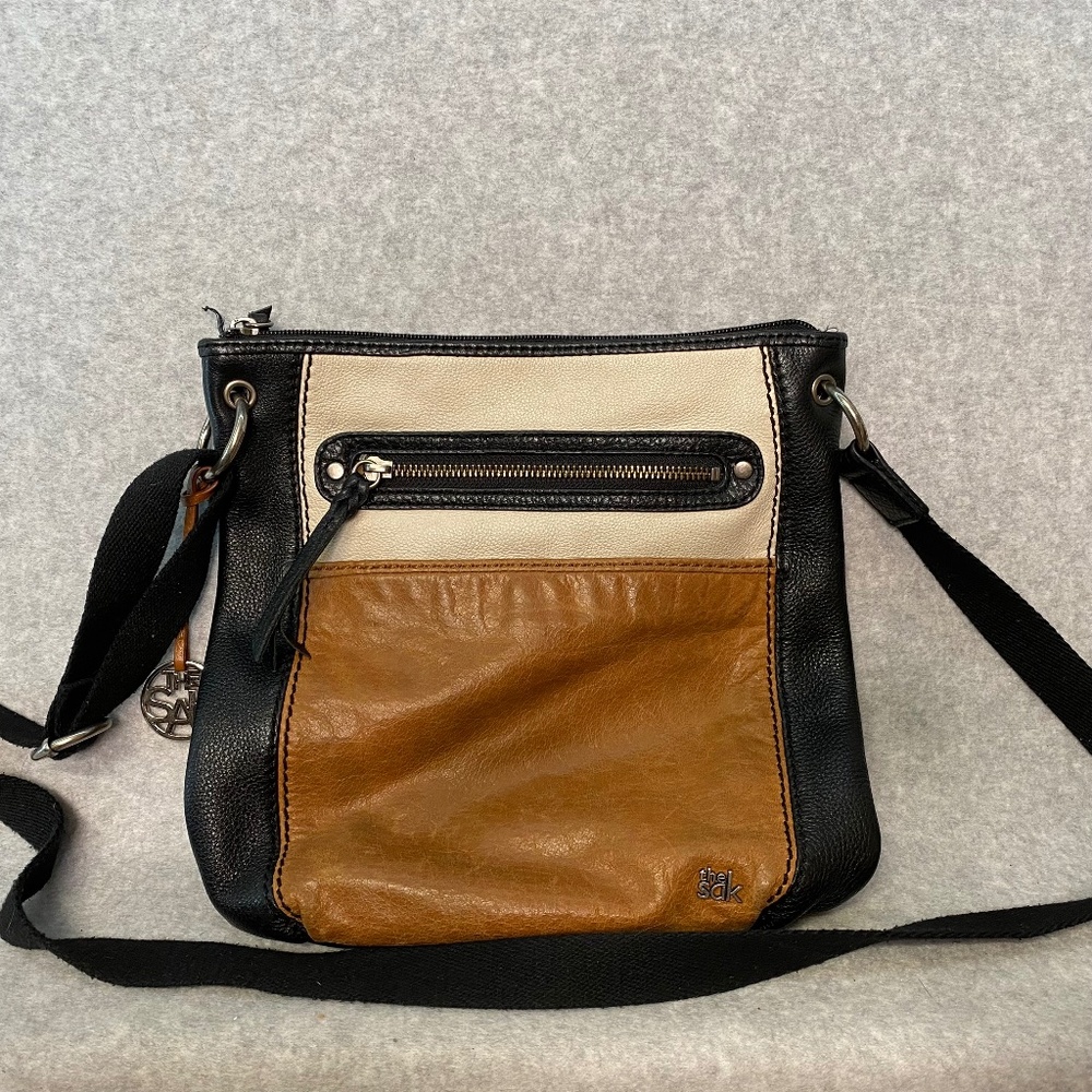 The Sak Leather Colorblocked Crossbody Bag Black Tan White Adjustable strap